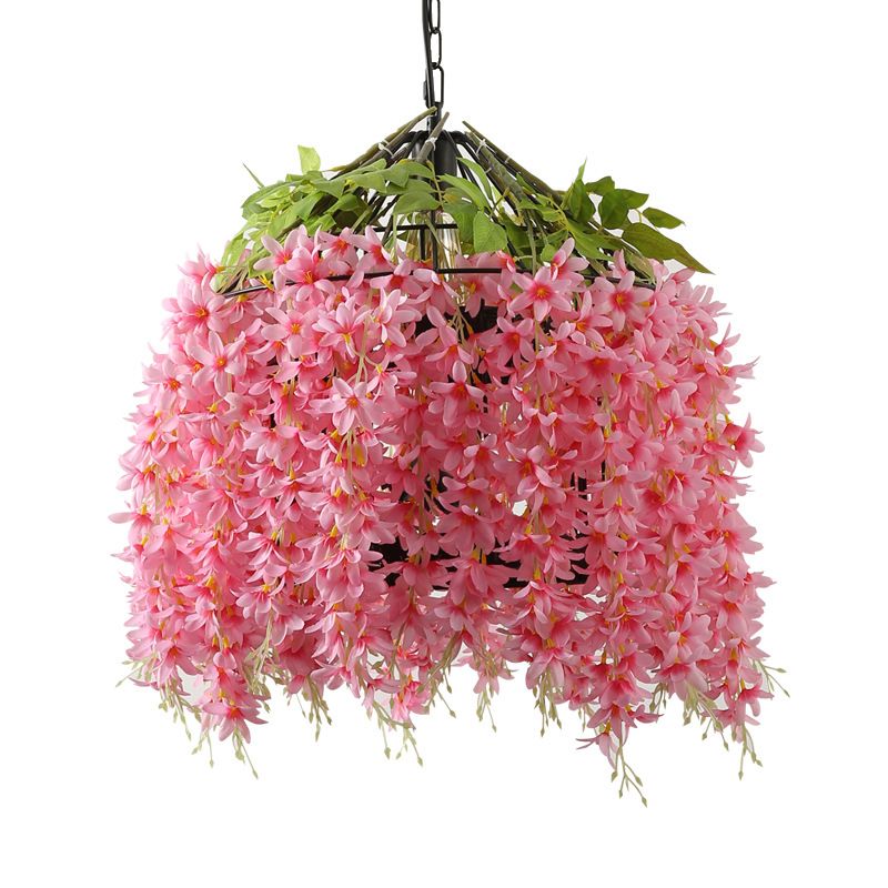 Pink 1 Head Ceiling Lamp Farm Style Iron Bird Cage Pendant Lighting Fixture with Flower for Restaurant