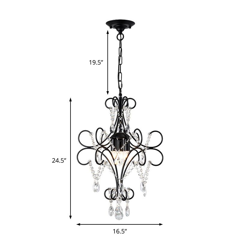 Curve Arm Iron Suspension Light Vintage 3 Lights Black Pendant Light with Crystal Accent