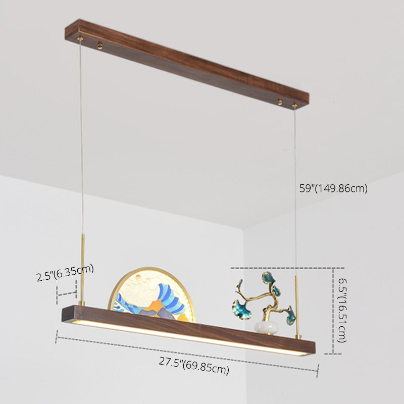 Dark Wood Linear Island Light Artistic Modern LED Suspension Light for Study Room