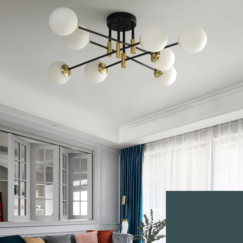 Opal Glass Shade Semi Flush Mount in industriale Luce a soffitto radiale in metallo in metallo in nero e oro