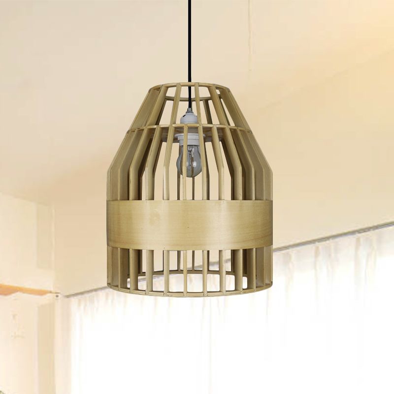 Japanese Bird Cage Pendant Light Fixture Wooden 1 Light Restaurant Hanging Ceiling Light in Yellow