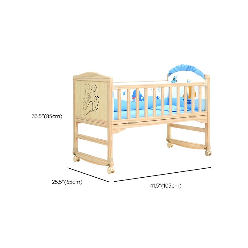 Contemporary 33.46"H Natural Bed Solid Wood Baby Bed with Wheels