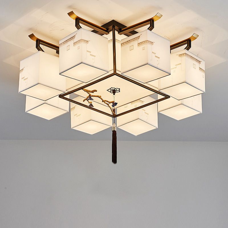 Wit Sputnik LED -plafondlicht in traditionele artistieke stijl Stoffen Indoor Semi Flush Mount met keramische bloemendecoratie