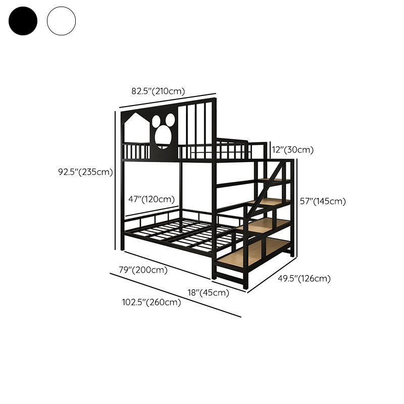 Metal Loft Bed White/Black Kids Bed with Stairway and Guardrail