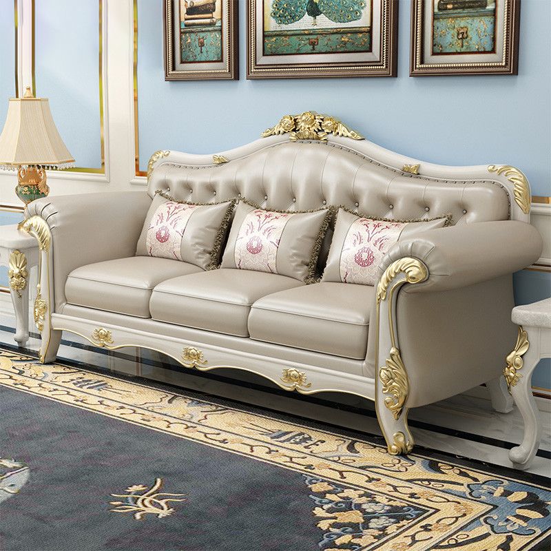 Ornate Traditional Tufted Split-Back Microfiber Sofa 43.31"High Flared Arm Sofa