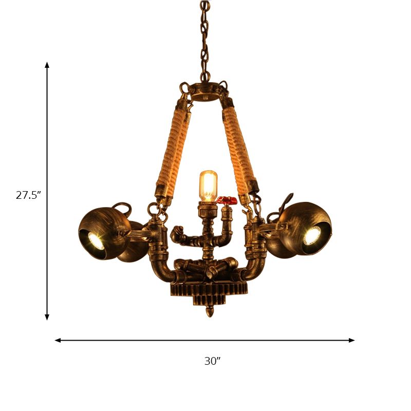 Luz de la lámpara de lámpara de bola de 5 luces con tono global retro metal de bronce y colgante colgante de cuerda para bar