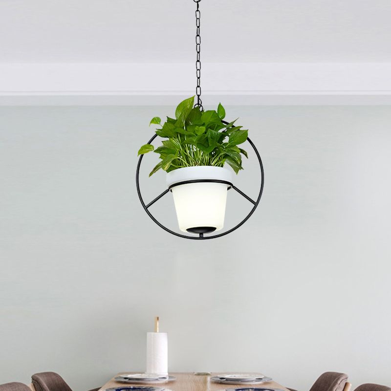 Metal Black Hanging Pendant Light Round/Flower Frame 1 Bulb Farmhouse Ceiling Lamp with Bucket Planter