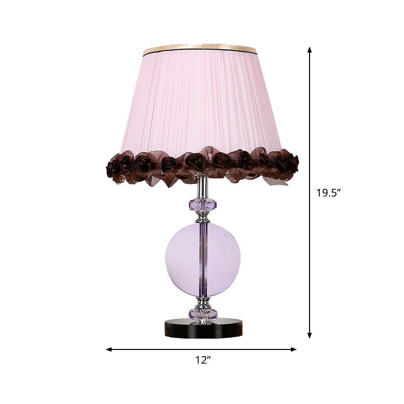 Modernism 1-Light Nightstand Lamp Pink Pleated Shade Night Table Lighting with K9 Crystal