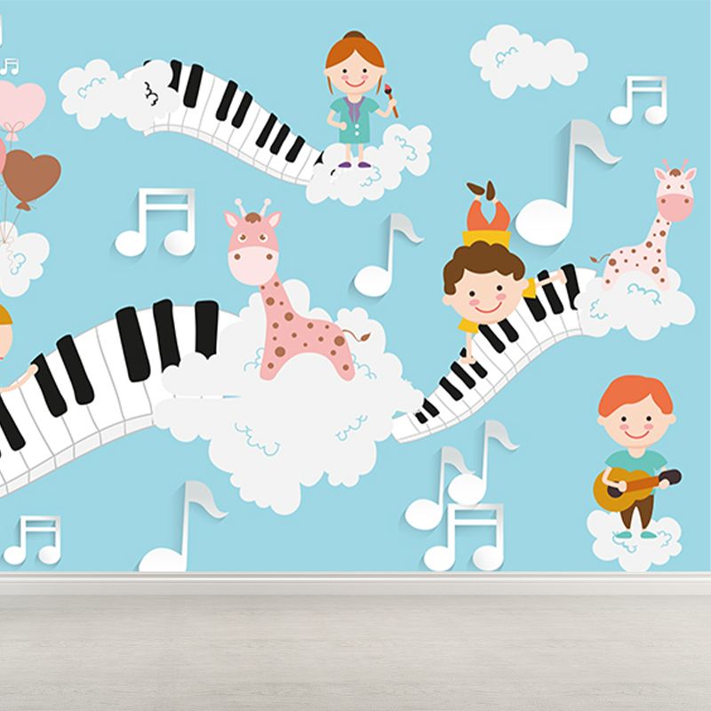 Sky Musical Performance Mural Wallpaper Blue Cartoon Wall Covering for Accent Wall