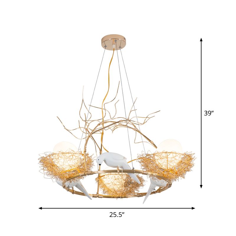 3 Lights Circle Nest Chandelier Lovely Metal Pendant Light with Bird & Egg in Gold for Cafe