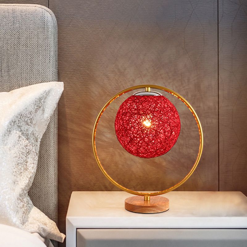 Beige/Red Sphere Desk Lamp Minimalism Single Head Fabric Night Lighting with Round Frame Design