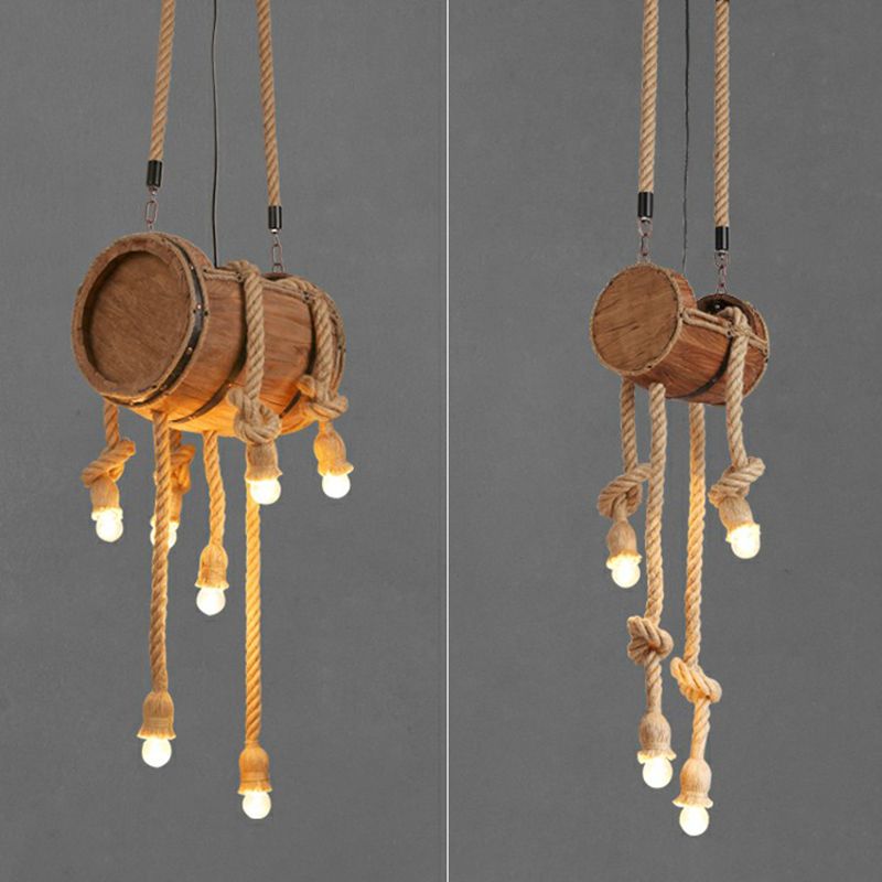 Naked Bulb Roped Pendant Light Fixture Rustic Restaurant Suspension Lamp in Light Brown