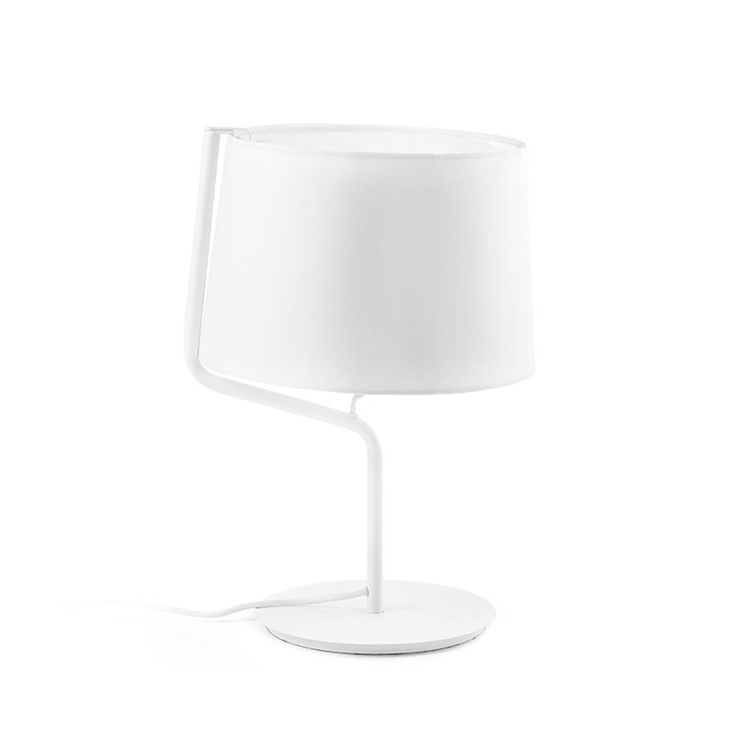 Drum Fabric Table Lighting Minimalist 1-Light White Night Stand Lamp with Bended Arm