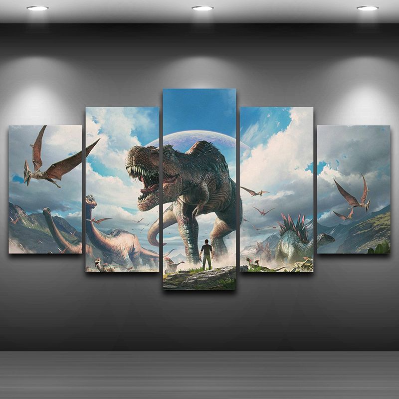 Fictional Dinosaurs Wall Decor Blue Jurassic Park Scene Canvas Art for Boys Bedroom