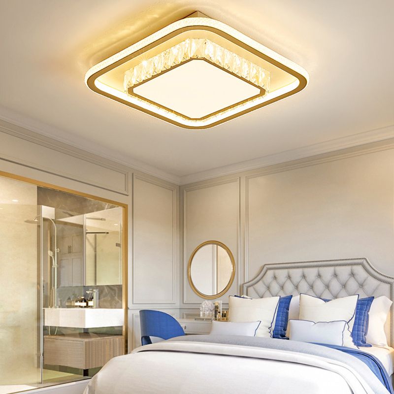 LED Modern Crystal Flush Mount Geometric Shape Ceiling Lamp with Acrylic Shade for Bedroom