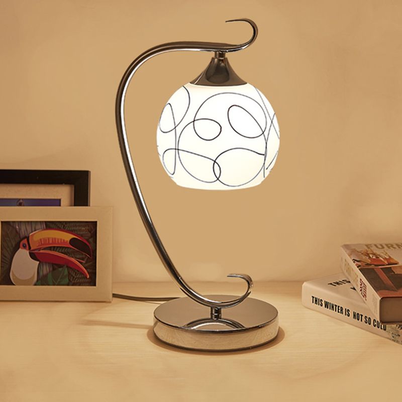 Orb Shape Study Room Reading Lamp Classic White Glass 1 Bulb Chrome Nightstand Light