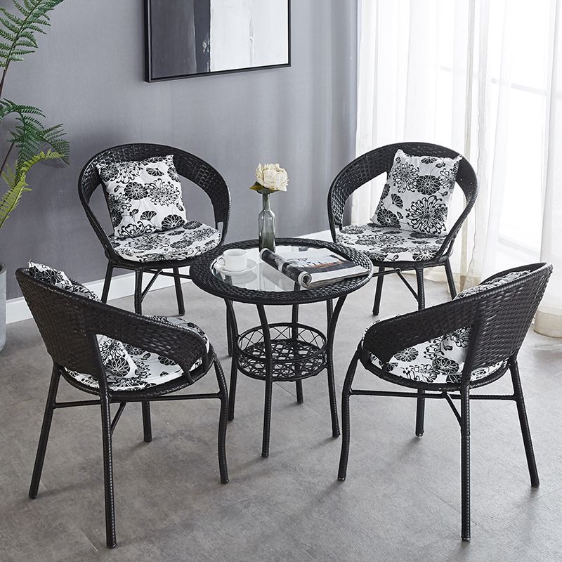 Glass Dining Table Set with Armless Rattan Chair for Courtyard