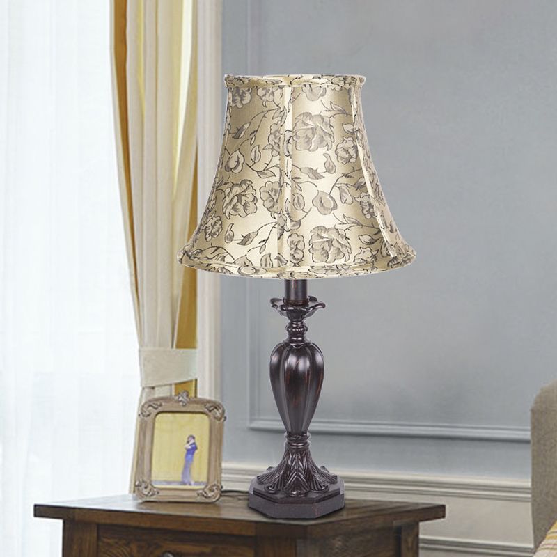 Fabric Beige Nightstand Lamp Bell Shade 1 Light Antiqued Flower Patterned Table Light with Resin Font Design