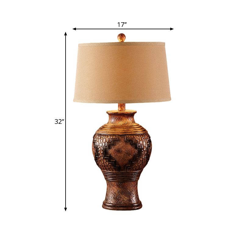 Brown Barrel Shade Desk Light Retro Style Fabric 1-Head Table Lamp with Vase-Shaped Base