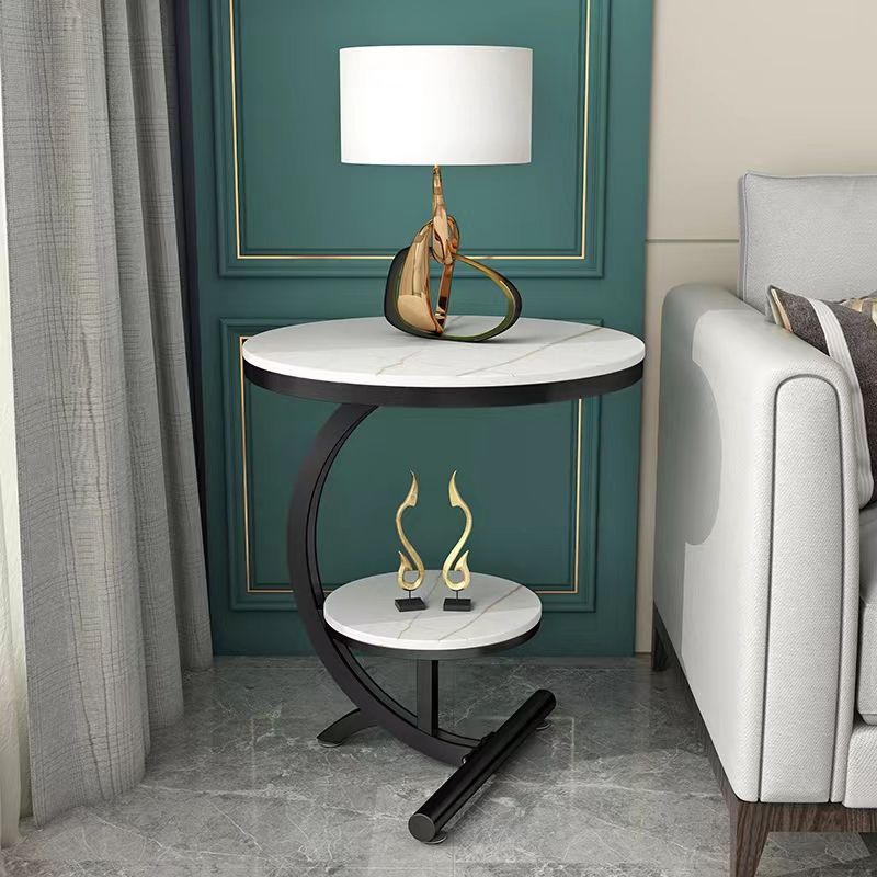 Pedestal End Table Contemporary Style 23.62" Faux Marble/ Stone Top Side Table with Shelf