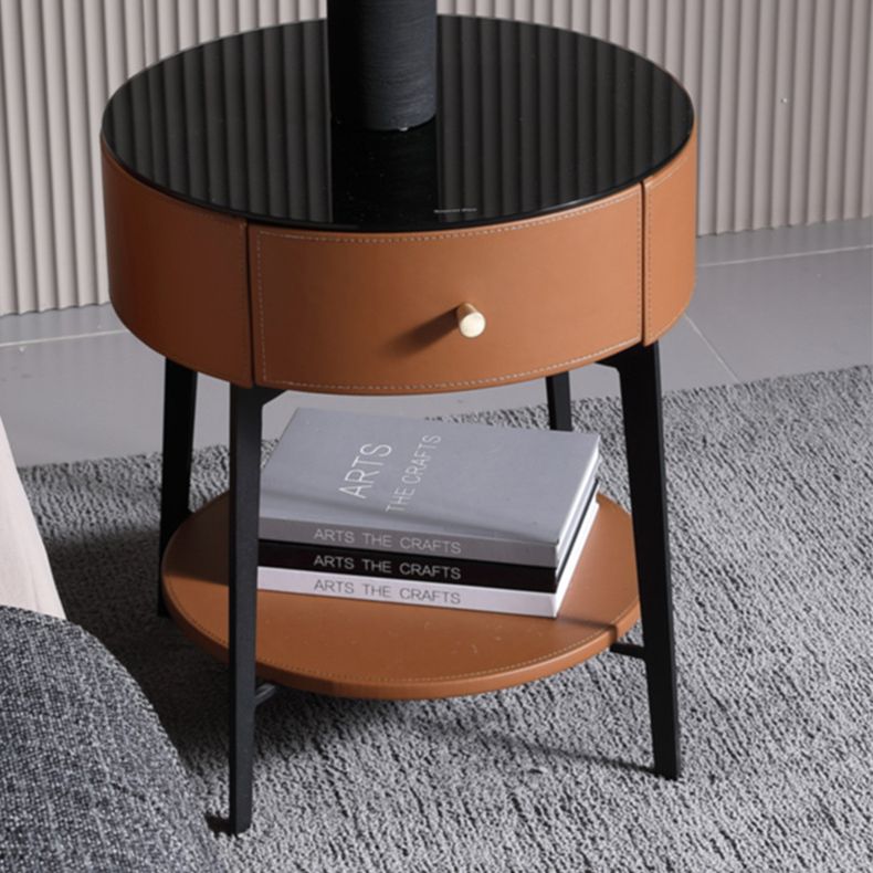 Leather and Metal Bed Nightstand Modern Minimalist Open Bedside Table with Legs