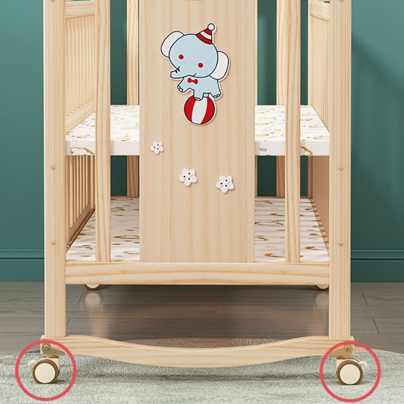 Pine Convertible Crib Modern Light Wood Nursery Bed with Casters and Storage