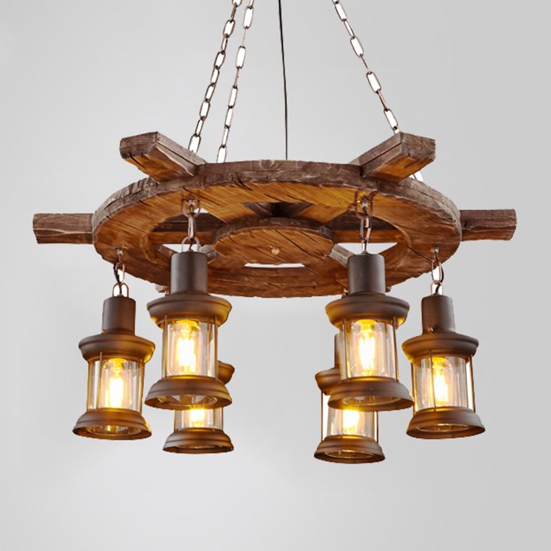 Black Wooden Boat Chandelier Retro Industrial Circular 6 Light Suspension Light for Dining Room Table