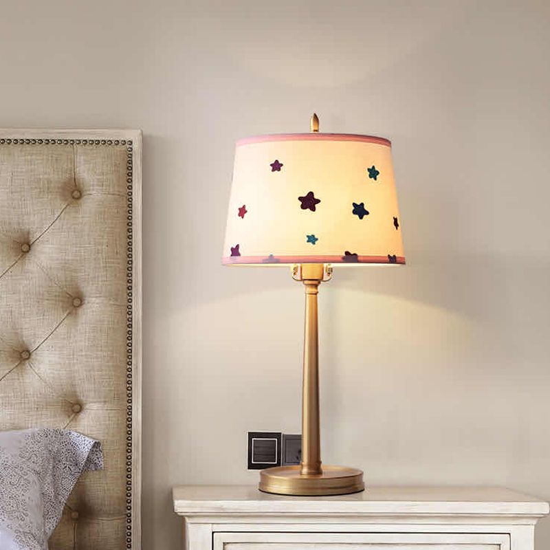 Modern Drum Fabric Table Lamp 1 Light Nightstand Lighting in Brass with Pentagram Pattern