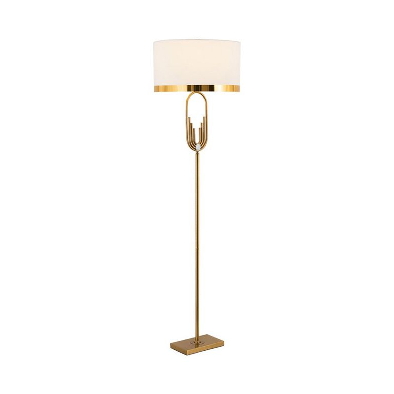 Fabric Drum Floor Lamp Vintage Single-Bulb Living Room Standing Lighting in Brass