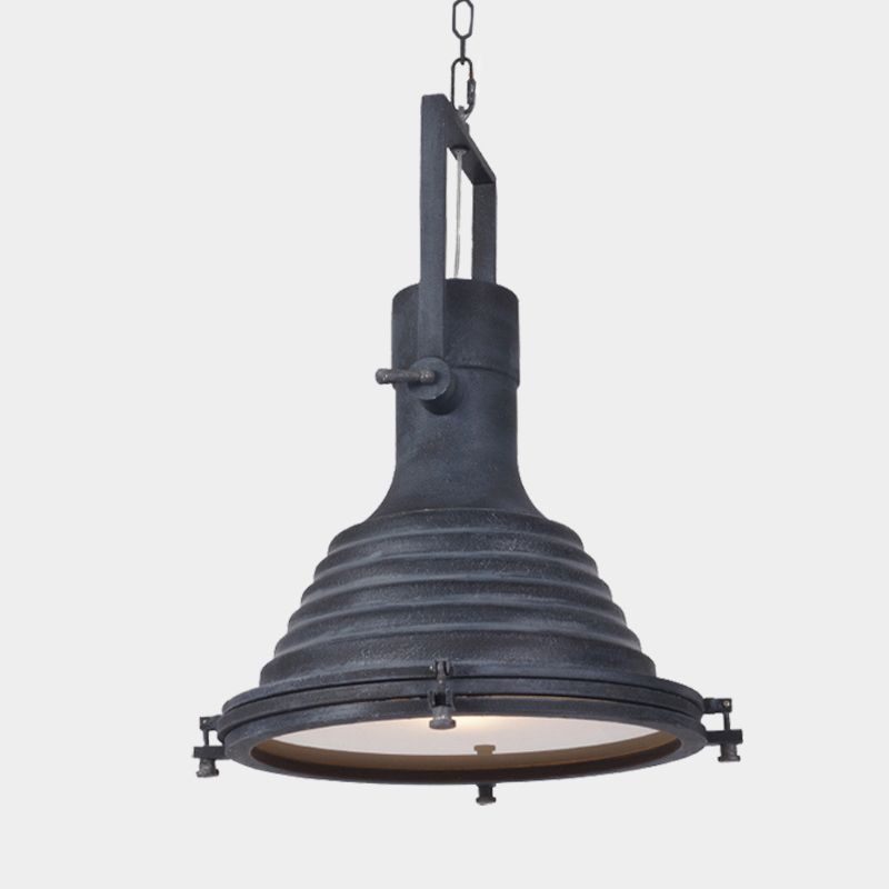 Industrial Ribbed Conical Suspension Light 1 Bulb Metallic Hanging Ceiling Lamp in Black with Handle