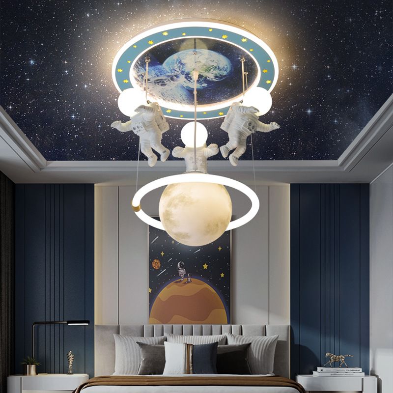 4 Lights Moon Hanging Light Cartoon Metallic Ceiling Pendant Light for Boys Bedroom