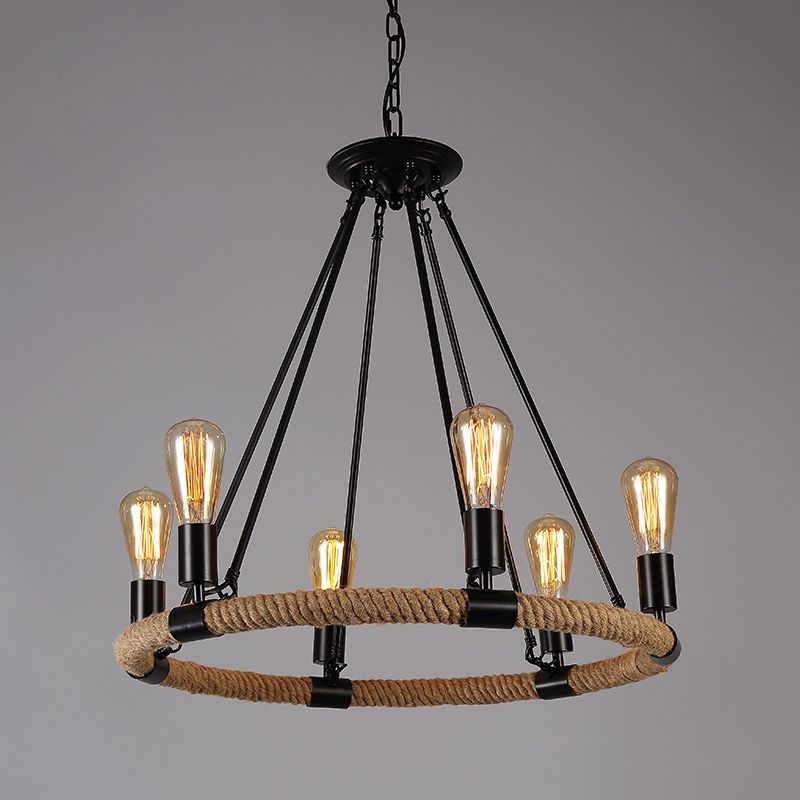 Rope Beige Pendant Chandelier Hoop Industrial-Style Chandelier Lamp for Restaurant