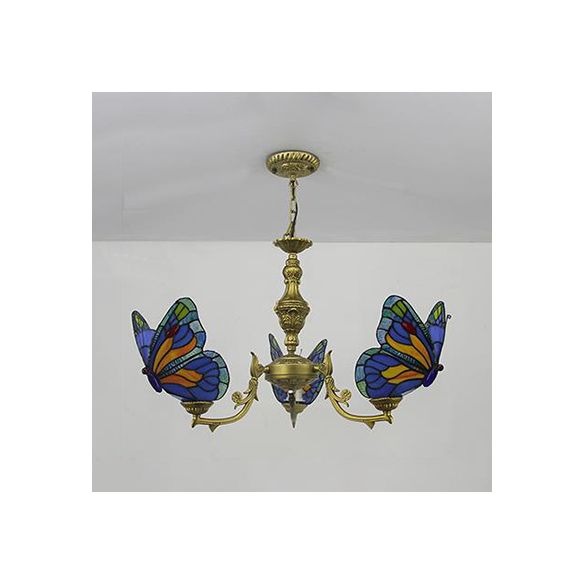 3 Lights Butterfly Hanging Light Loft Style Stained Glass Ceiling Chandelier with Chain in White/Red/Blue/Orange-Green