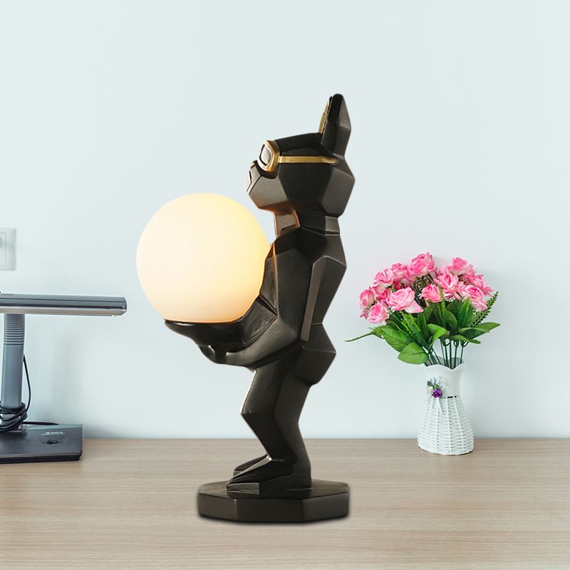 Cartoon Dog/Rabbit/Unicorn Night Light Resin LED Bedroom Table Lamp in Pink/Black/Grey with Globe Opal Glass Shade