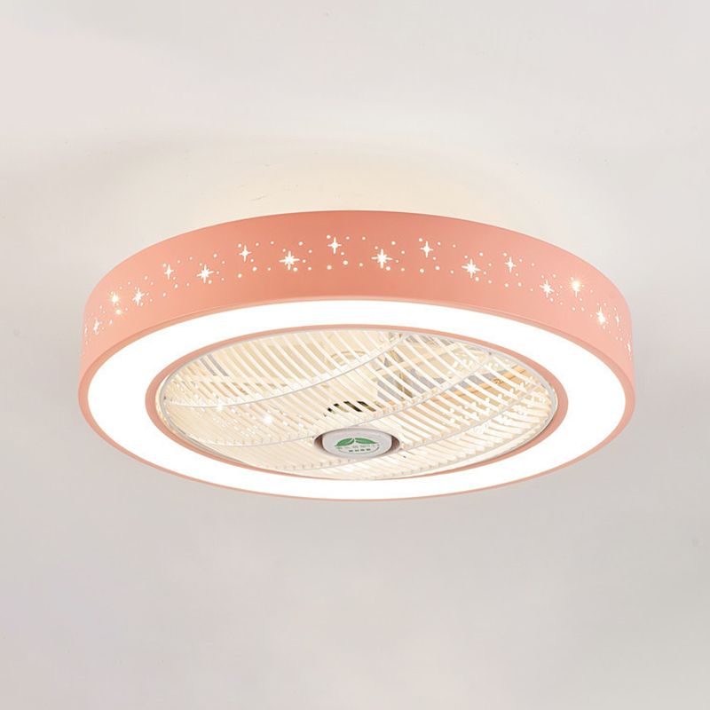 Macaron Hollowed-out Ceiling Fan Light Metal Bedroom LED Semi Flush Mount Lighting Fixture