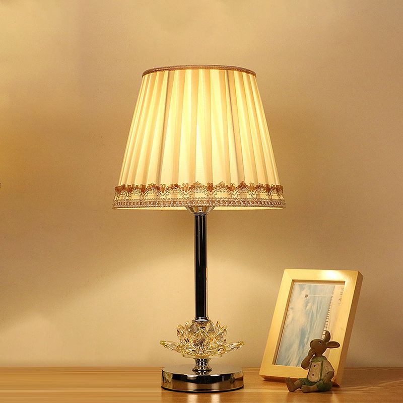 Modern 1-Bulb Night Lighting White Conical Nightstand Lamp with Lotus Shaped Crystal