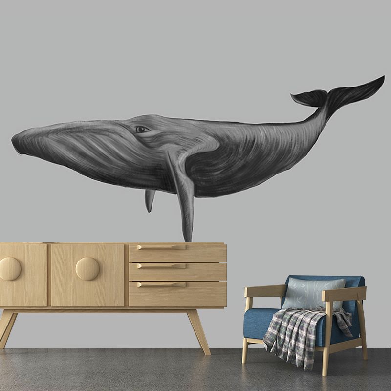 Big Photo Style Modern Mural for Living Room with Lively Whale in Grey