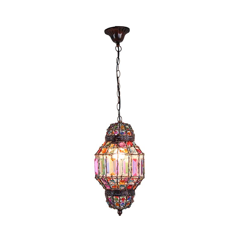 Éclairage pendentif par lanterne avec bloc de cristal et Bohême de perle 1 lumière de lustre légère en cuivre antique