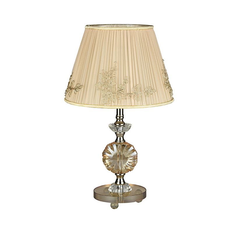 Beige Cone Night Lamp with Flower Design Modern Style Fabric Shade 1-Light Bedroom Desk Lighting