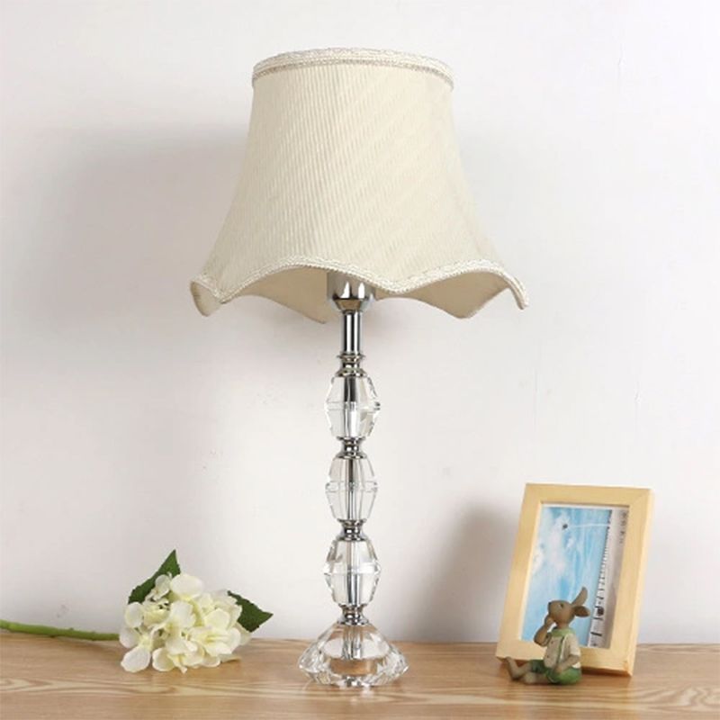 1-Light Bedroom Night Table Light Minimalism Beige Crystal Nightstand Lamp with Scalloped Fabric Shade