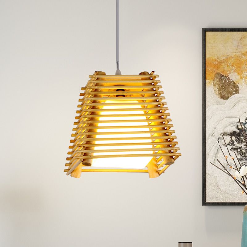 Bambou Trapezoid suspendu luminaire de pendentif en bois naturel moderne à 1 bulbe de plafond en bois avec teinte en verre blanc