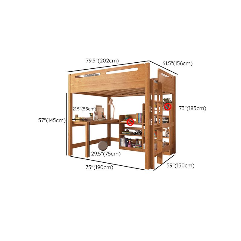 Brown Loft Bed Scandinavian Solid Wood High Loft Built-In Ladder Kids Bed