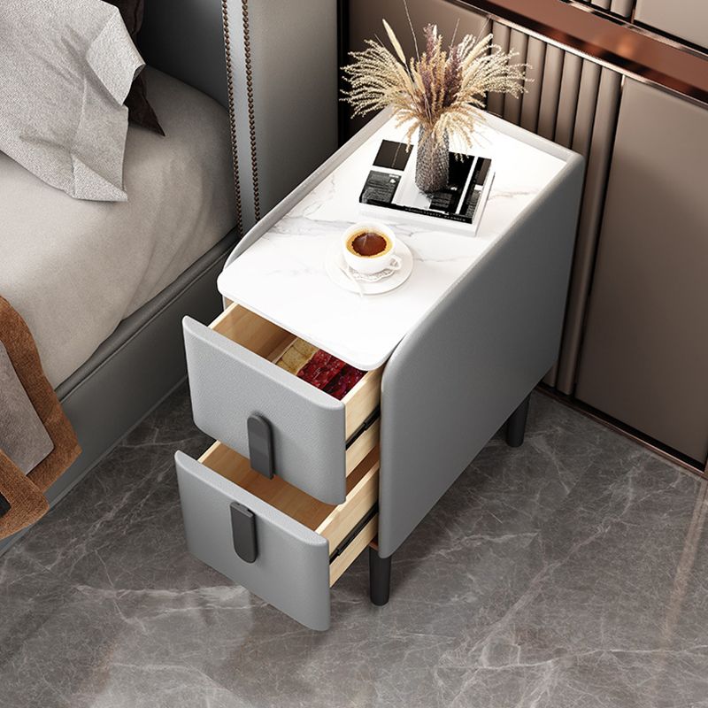 Modern 2 Drawers Accent Table Nightstand Antique Finish Slate Top Bedside Cabinet