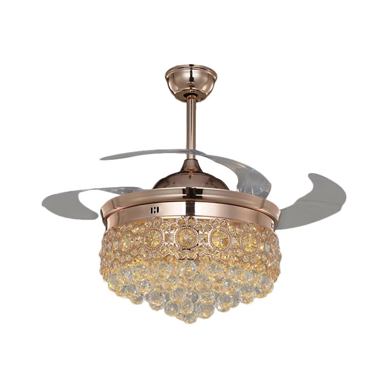 19 "W Cascading Semi Flush Lighting eenvoud afgeschuind kristal Great Room Led Hangende ventilatorlamp in roségouden, 4-blade