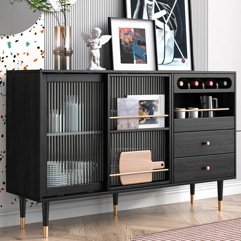 2-Drawer Engineered Wood Sideboard Glam Glass Sliding Doors Credenza with Stone Countertop