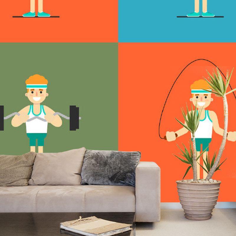 Cartoon Workout Wallpaper Murals Red-Blue-Green Childrens Bedroom Wall Covering, Custom Print