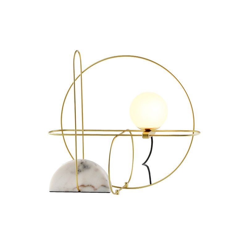 Round Metal Desk Light Modern 1 Head Gold Night Table Lamp with White Glass Shade