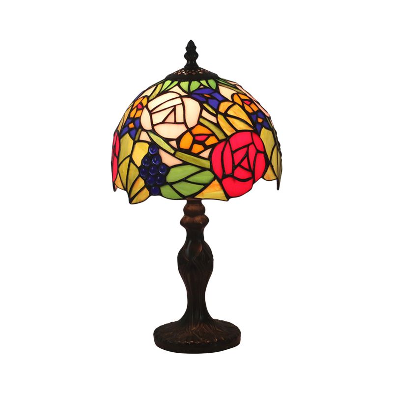 1-Light Domed Night Lighting Tiffany Style Bronze Stained Art Glass Rose Patterned Desk Light