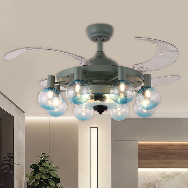 42" W 8-Light Fan Lamp Simplicity Bedroom 4 Blades Semi Flush Light Fixture with Globe Clear Glass Shade in Dark Green, Remote Control/Remote and Wall Control/Frequency Conversion and Remote Control