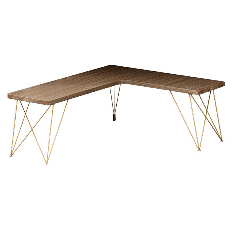 Glam Style Office Desk Solid Wood L-Shaped Desk with Gold Frame